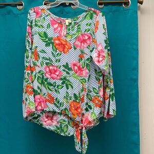 Chenault Side Tie Floral & Stripe Blouse, Size XL